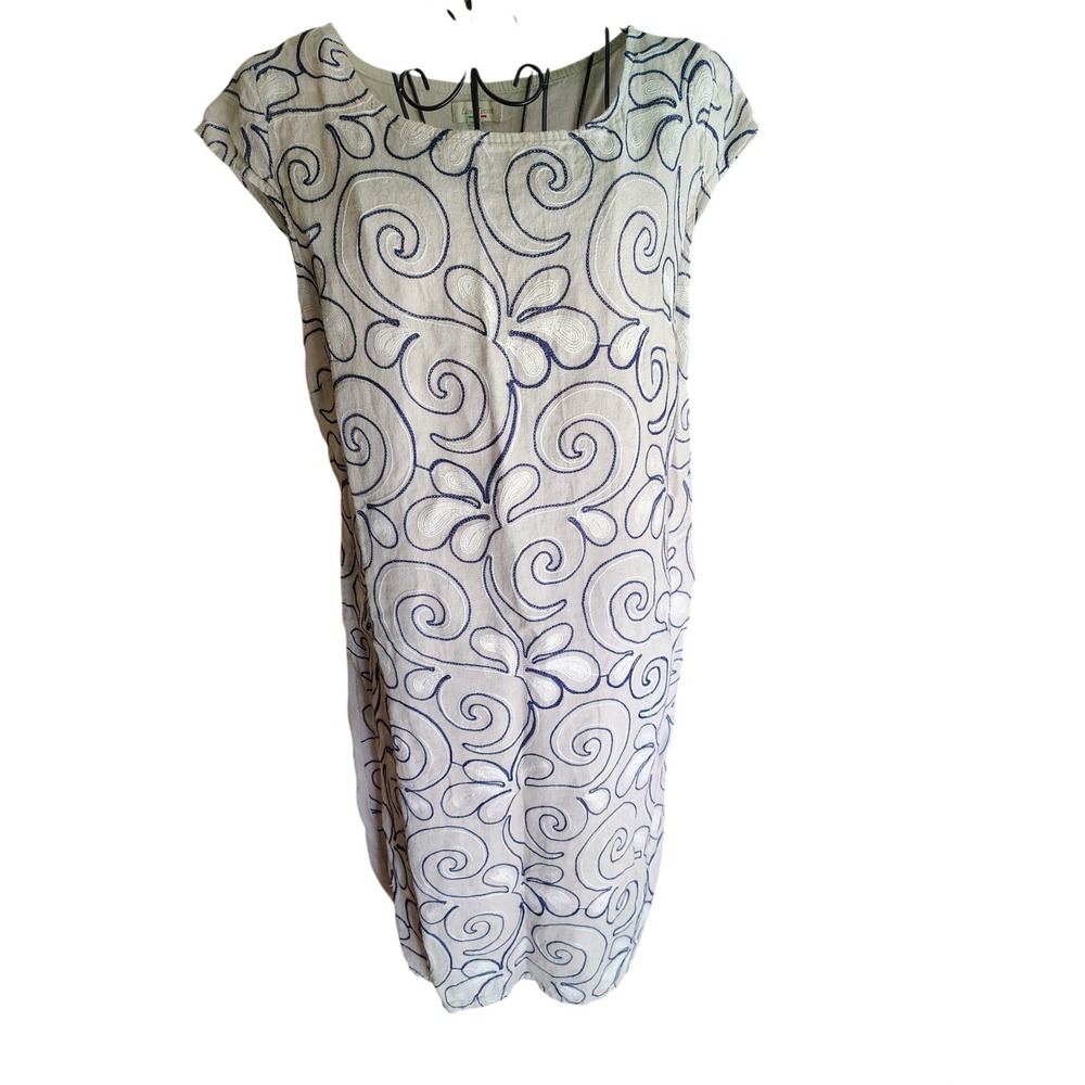 Made in Italy Linen Embroidered Swirl Shift Dress with Pockets Navy Beige L - Picture 2 of 10